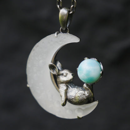 Rabbit Pendant with Larimar & White Quartz Moon | Handcrafted Fantasy Jewelry | Celestial Totem Gift for Serenity