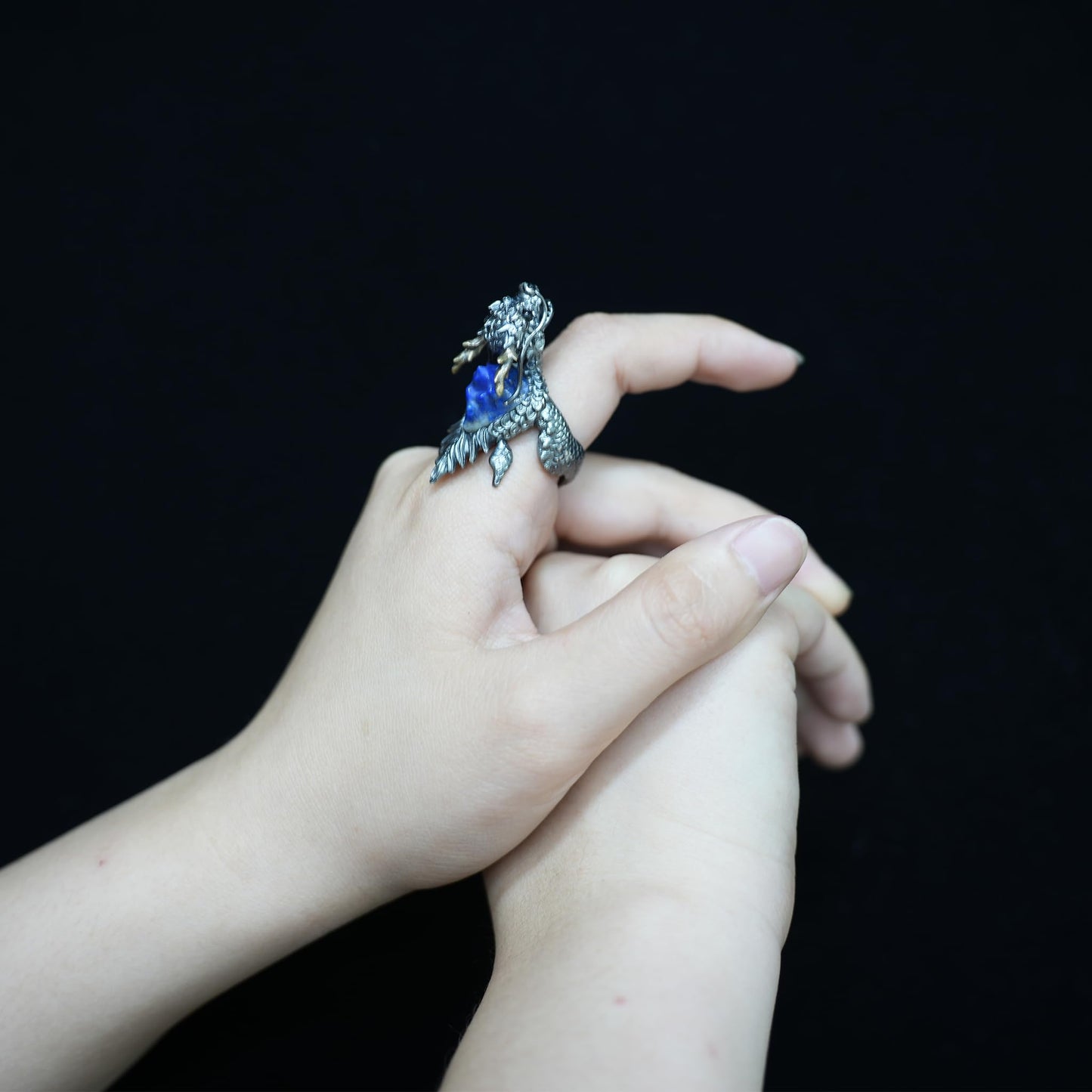 Dragon Turtle Ring with Lapis Lazuli & Onyx | Handcrafted Myth-Inspired Signet Ring for Protection & Inner Strength