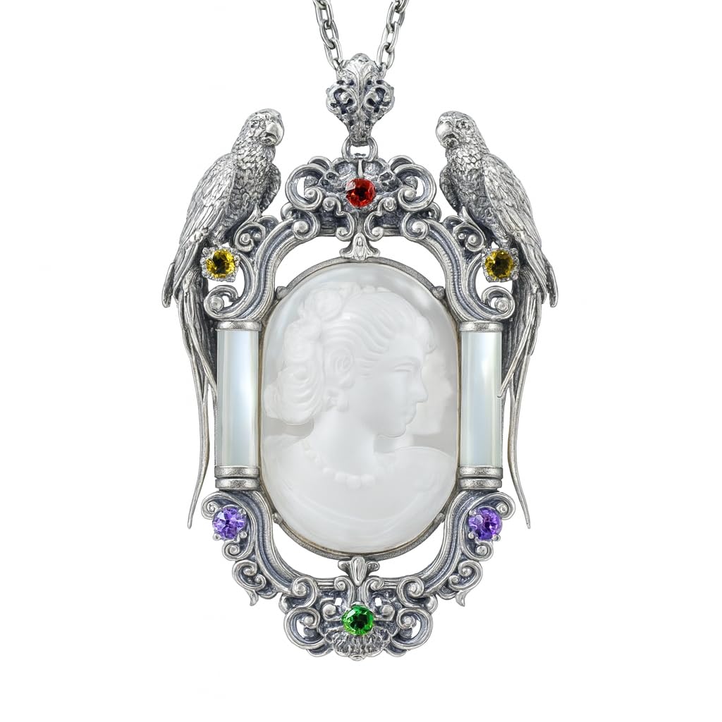 Handmade 925 Silver Victorian Cameo Necklace | Baroque Pendant with Two Parrots | Girl Relief in Rock Crystal | Vintage Craft