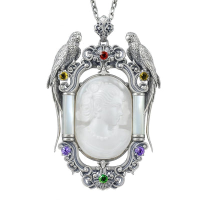 Handmade 925 Silver Victorian Cameo Necklace | Baroque Pendant with Two Parrots | Girl Relief in Rock Crystal | Vintage Craft