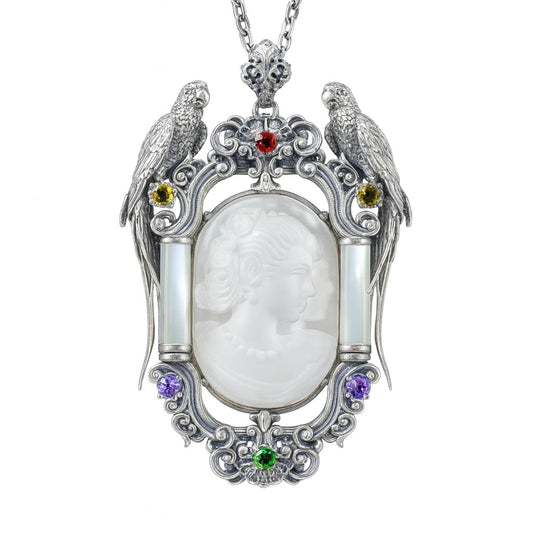 Handmade 925 Silver Victorian Cameo Necklace | Baroque Pendant with Two Parrots | Girl Relief in Rock Crystal | Vintage Craft