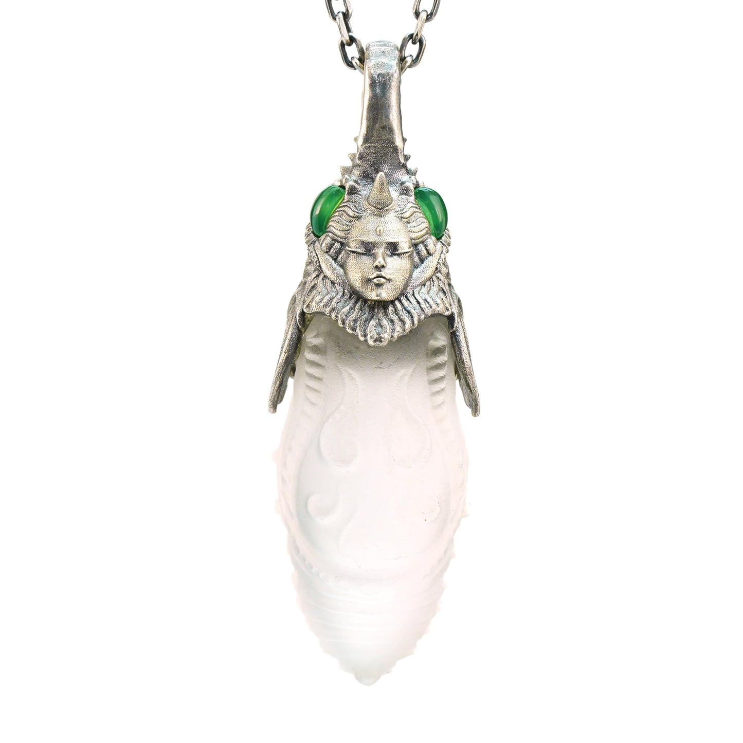 Carved Rock Crystal Pendant with Green Chalcedony | Handmade Gothic Totem Necklace in 925 Sterling Silver | Spiritual Gift for Her