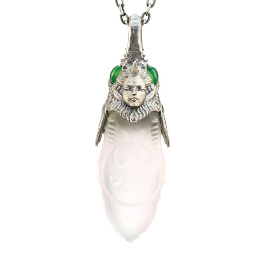 Carved Rock Crystal Pendant with Green Chalcedony | Handmade Gothic Totem Necklace in 925 Sterling Silver | Spiritual Gift for Her