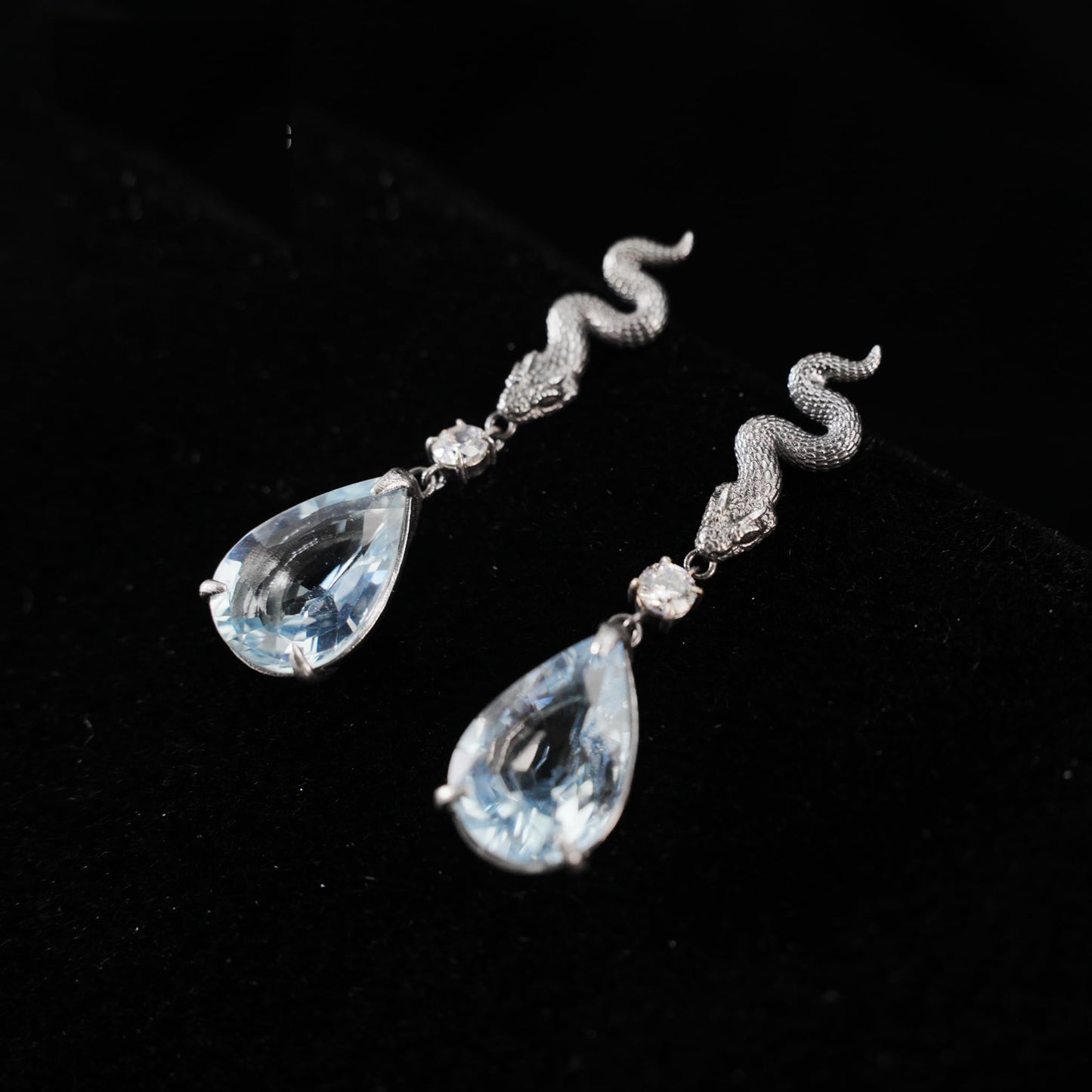 925 Sterling Silver Snake Drop Earrings with Aquamarine | Handcrafted Myth-Inspired Serpent Jewelry for Healing & Protection