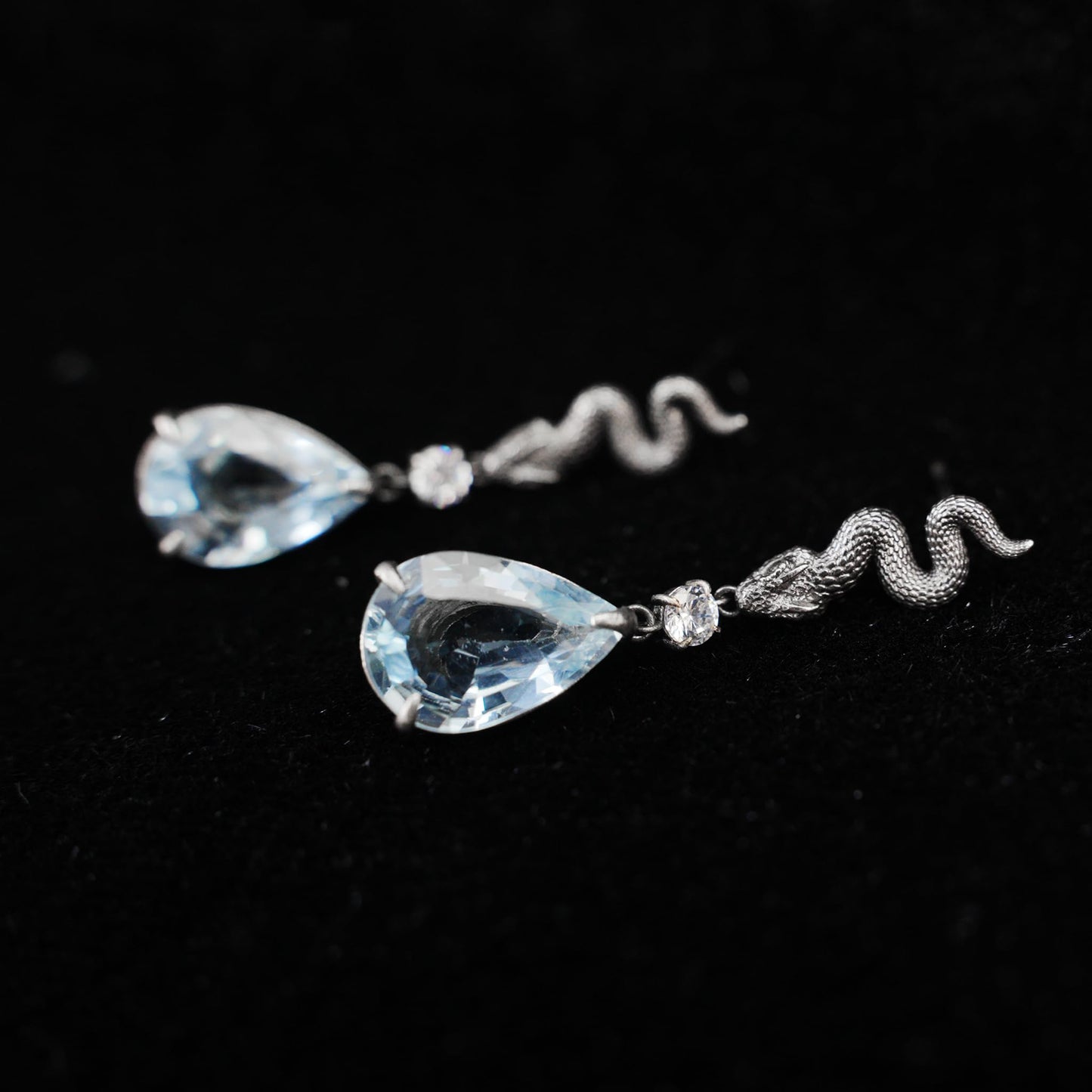 925 Sterling Silver Snake Drop Earrings with Aquamarine | Handcrafted Myth-Inspired Serpent Jewelry for Healing & Protection