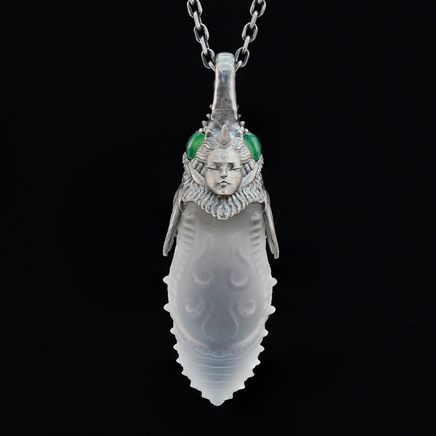 Carved Rock Crystal Pendant with Green Chalcedony | Handmade Gothic Totem Necklace in 925 Sterling Silver | Spiritual Gift for Her