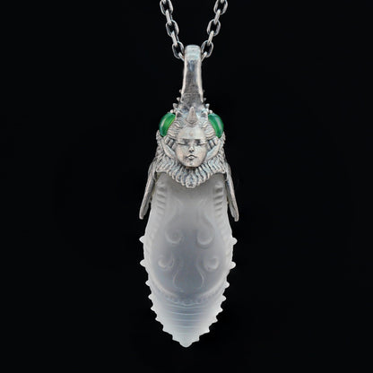 Carved Rock Crystal Pendant with Green Chalcedony | Handmade Gothic Totem Necklace in 925 Sterling Silver | Spiritual Gift for Her