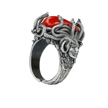 925 Silver Medusa Ring with Red Agate | Handmade Gothic Baroque Jewelry | Fantasy Statement Ring for Dark Aesthetics