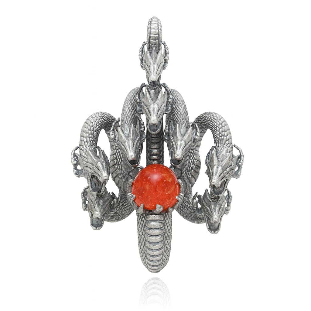 Eight-Headed Serpent Pendant | Handmade 925 Silver Mythical Jewelry | Yamata no Orochi Amulet with Golden Quartz | Japanese Power Symbol