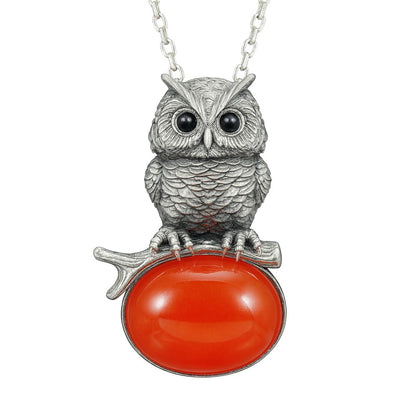 Owl Carnelian Pendant | Handmade 925 Sterling Silver Necklace with Onyx Eyes | Nature-Inspired Jewelry Symbolizing Wisdom & Courage | Artisan Gift