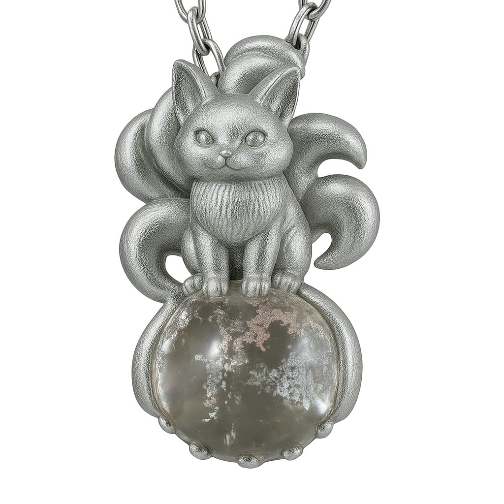 925 Sterling Silver Nine-Tailed Fox Pendant with Phantom Quartz | Handmade Spirit Amulet Necklace | Mythical Fantasy Jewelry Gift