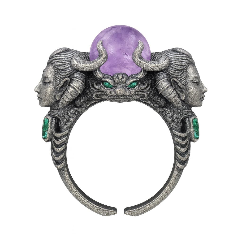 Amethyst & Aquamarine Ring in 925 Sterling Silver | Handmade Fantasy Jewelry | Artisan Gift for Collectors