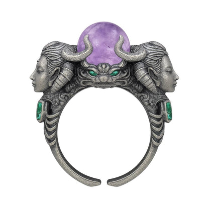 Amethyst & Aquamarine Ring in 925 Sterling Silver | Handmade Fantasy Jewelry | Artisan Gift for Collectors