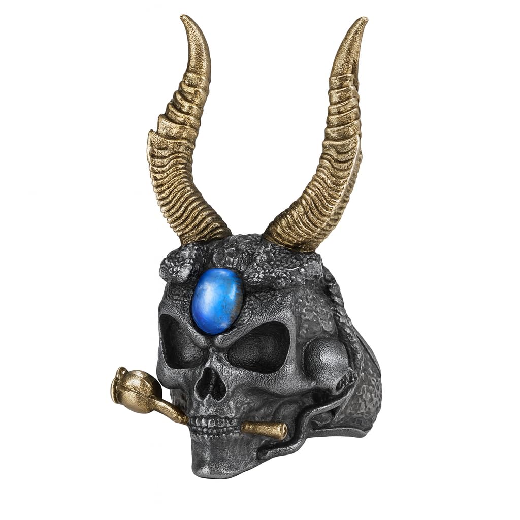 Underworld Guardian Ring, Skull Totem with Labradorite Eye, Horns of Judgment, Nordic Dark Mythology-Inspired Statement Jewelry