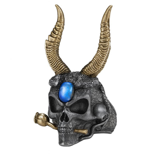 Underworld Guardian Ring, Skull Totem with Labradorite Eye, Horns of Judgment, Nordic Dark Mythology-Inspired Statement Jewelry