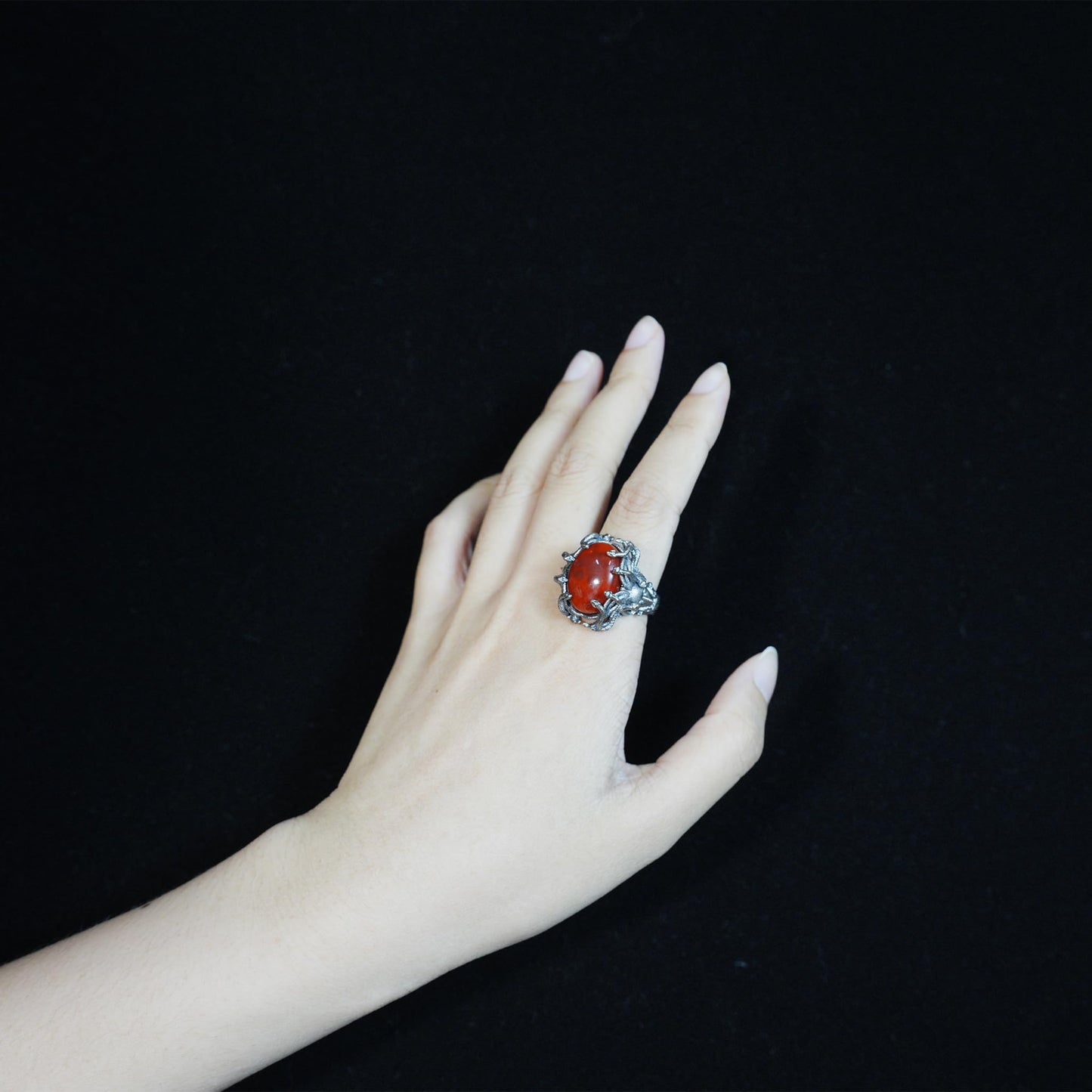 925 Silver Medusa Ring with Red Agate | Handmade Gothic Baroque Jewelry | Fantasy Statement Ring for Dark Aesthetics