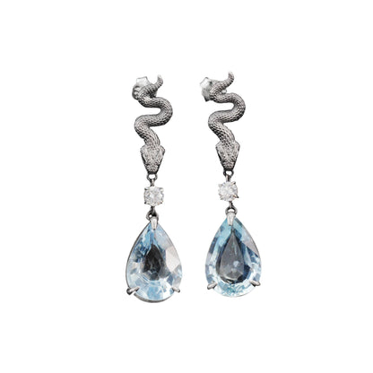 925 Sterling Silver Snake Drop Earrings with Aquamarine | Handcrafted Myth-Inspired Serpent Jewelry for Healing & Protection