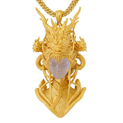 Golden Dragon Lady Pendant | 925 Sterling Silver with 24K Gold Plating & White Crystal | Symbol of Dragon Spirit, Strength & Soul Protection | Handmade Fantasy Jewelry