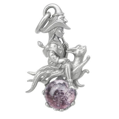 Witch Riding Cat Pendant | 925 Sterling Silver with Phantom Quartz | Handmade Fantasy Jewelry Gift for Magic Lovers & Collectors