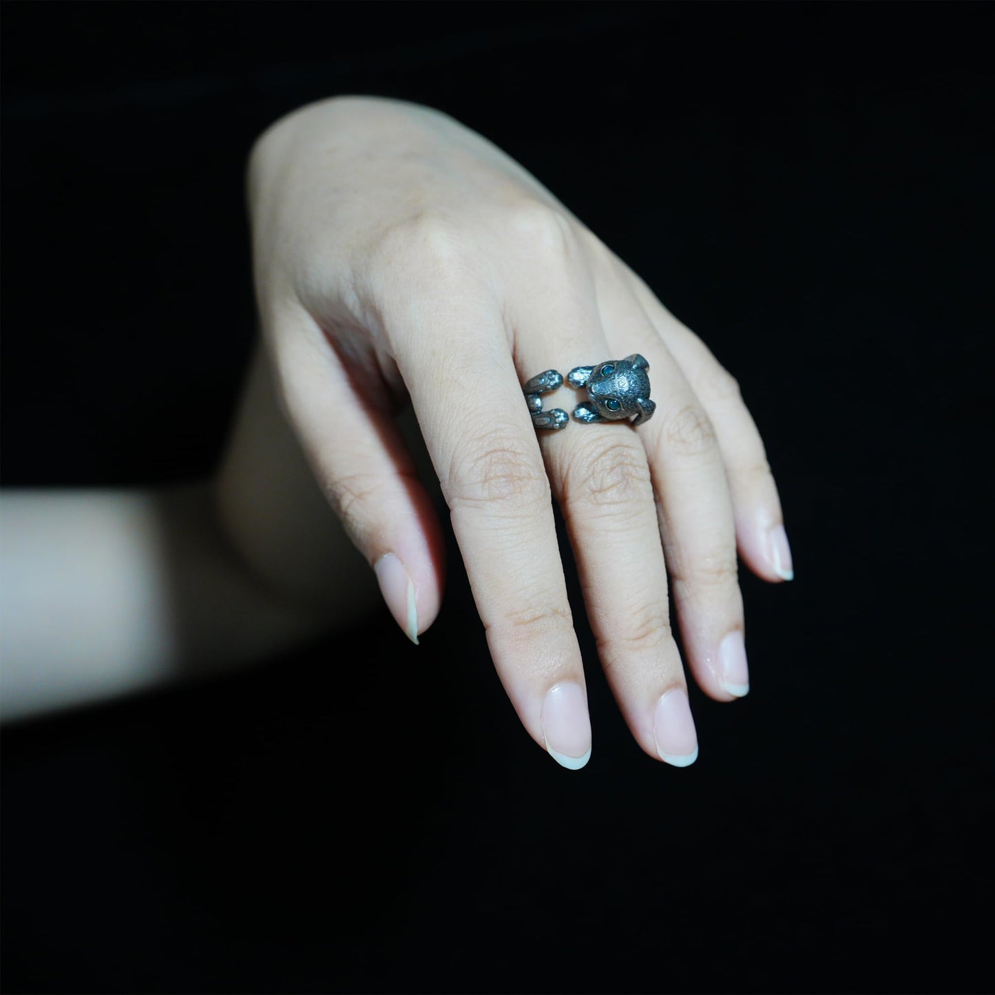 Handcrafted Rabbit Ring with Green Zircon, Spring Awakening Symbol, Unique Silver Jewelry