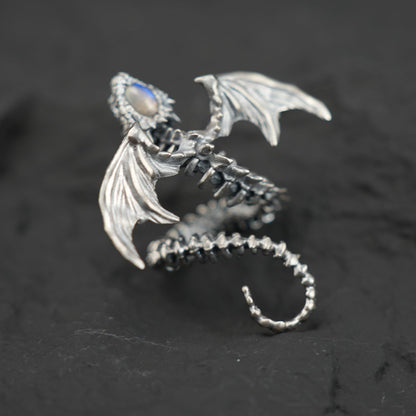 Dragon Ring in 925 Sterling Silver with Labradorite | Handmade Gothic Fantasy Jewelry | Mythic Winged Bone Ring