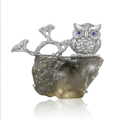 925 Silber Eule Brosche Anhänger 2-in-1, Handgefertigt mit Libyschem Wüstenglas, Symbol für Weisheit & Schutz, Unisex Naturstein Schmuck Geschenk für Frauen & Männer
