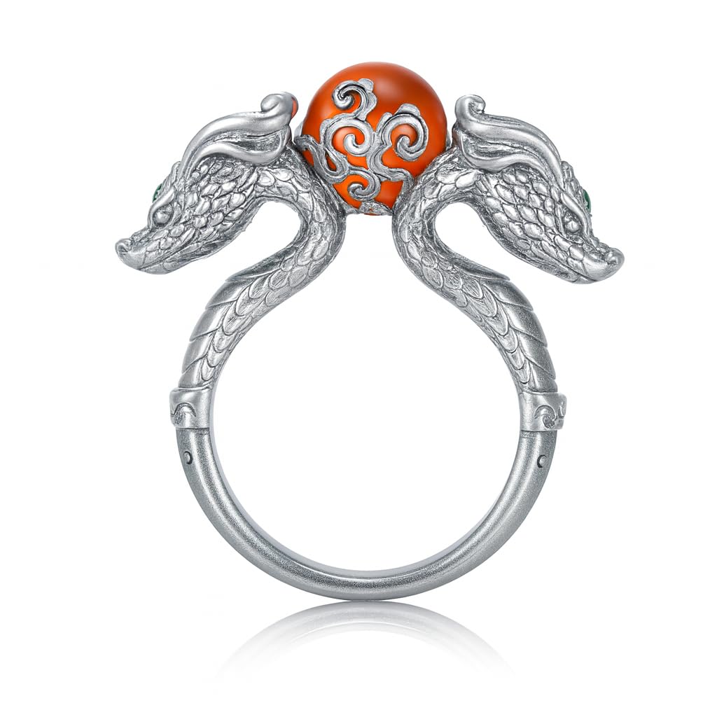 Dragon Ring with Sunstone & Emerald | Handmade 925 Silver Jewelry | Unique Fantasy Ring for Protection & Strength