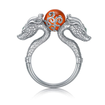 Dragon Ring with Sunstone & Emerald | Handmade 925 Silver Jewelry | Unique Fantasy Ring for Protection & Strength