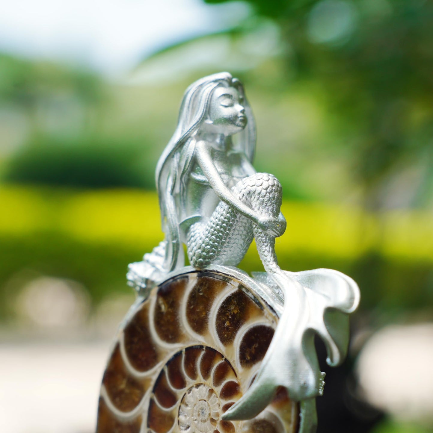 925 Sterling Silver Mermaid Pendant with Fossil Seashell | Handmade Ocean Amulet Necklace | Mythical Siren Jewelry Gift