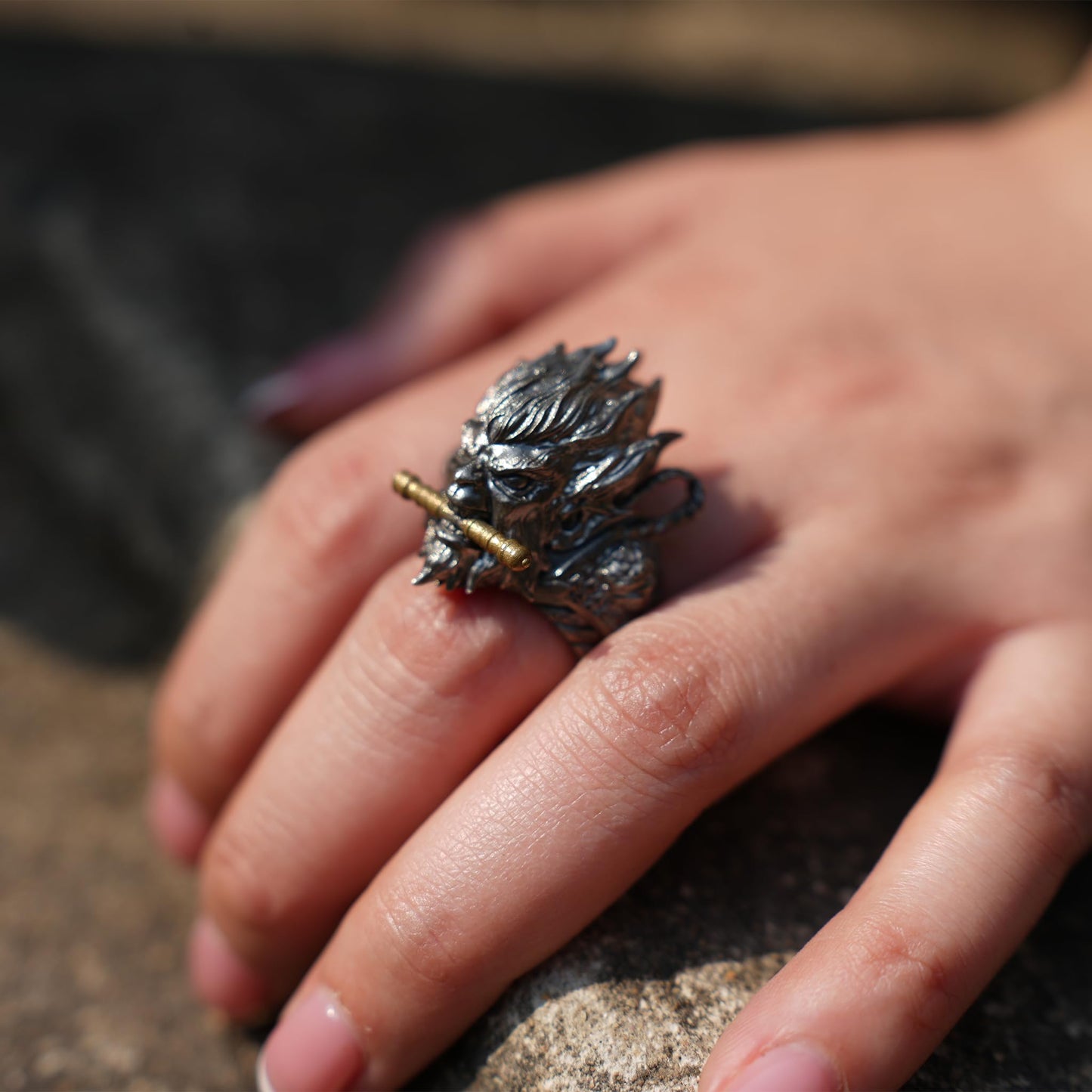 Monkey King Ring in 925 Sterling Silver | Handmade Mythic Jewelry with Gold Accents | Fantasy Artisan Gift for Him