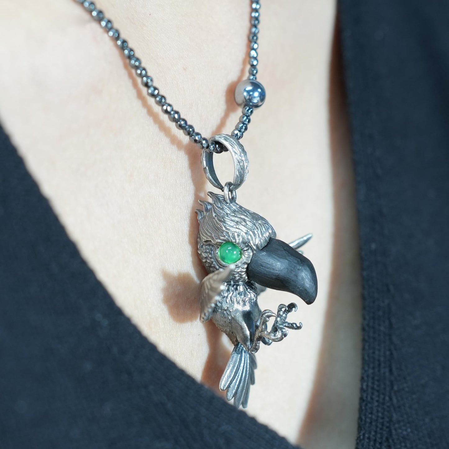 Shoebill Bird Pendant in 925 Sterling Silver with Black Agate & Green Tourmaline | Handmade Nature-Inspired Jewelry for Bird Lovers