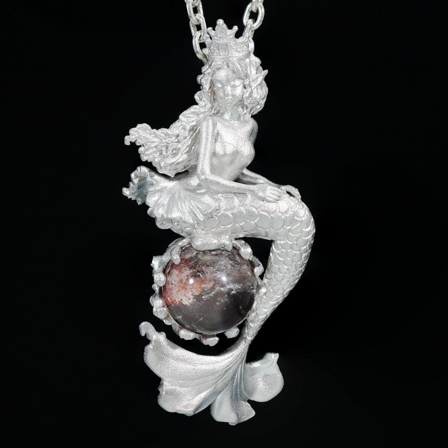 Ocean-Themed Mermaid Necklace | 925 Sterling Silver, Handmade | Crown, Seated Pose | Hand-Engraved Fin | Amulet | Gift for Her