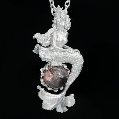 Ocean-Themed Mermaid Necklace | 925 Sterling Silver, Handmade | Crown, Seated Pose | Hand-Engraved Fin | Amulet | Gift for Her