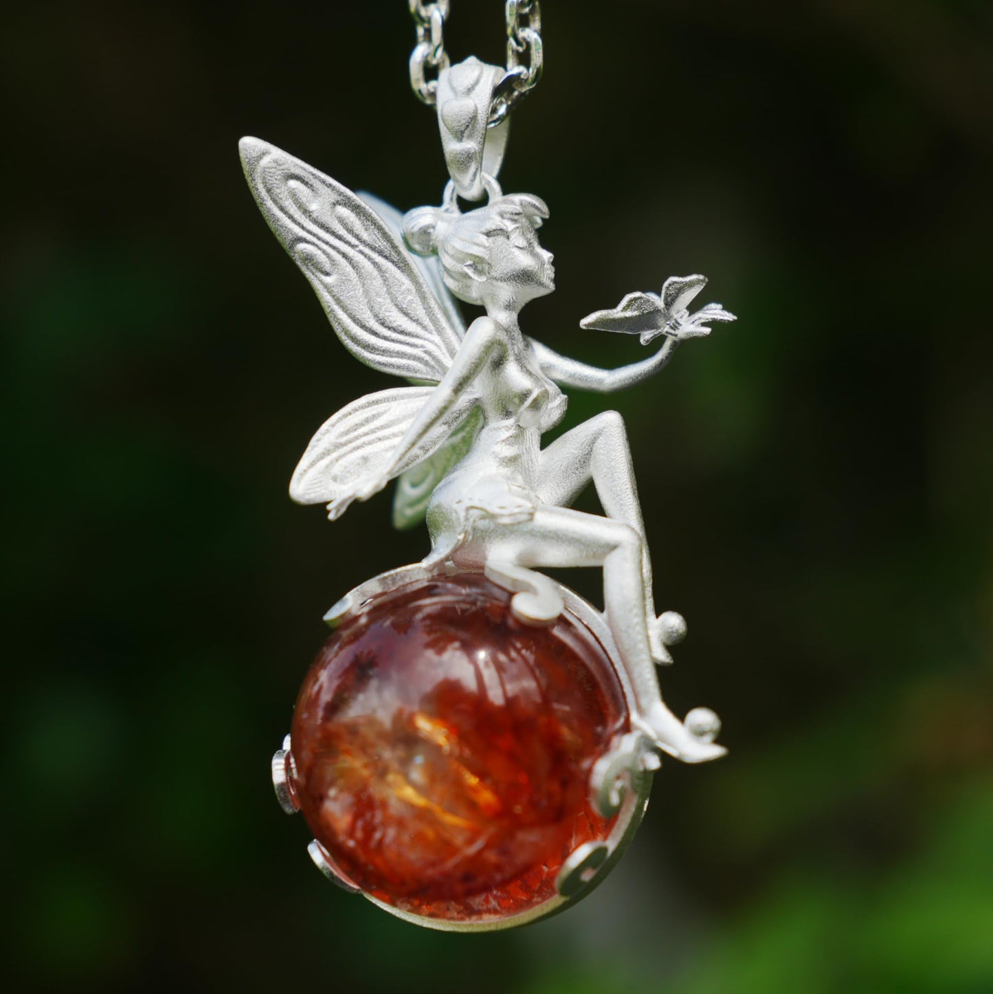 Fairy Pendant Necklace in 925 Sterling Silver with Moss Quartz | Handmade Fantasy Jewelry with Nature Spirit Elf Design | Mystical Keepsake Gift for Adults