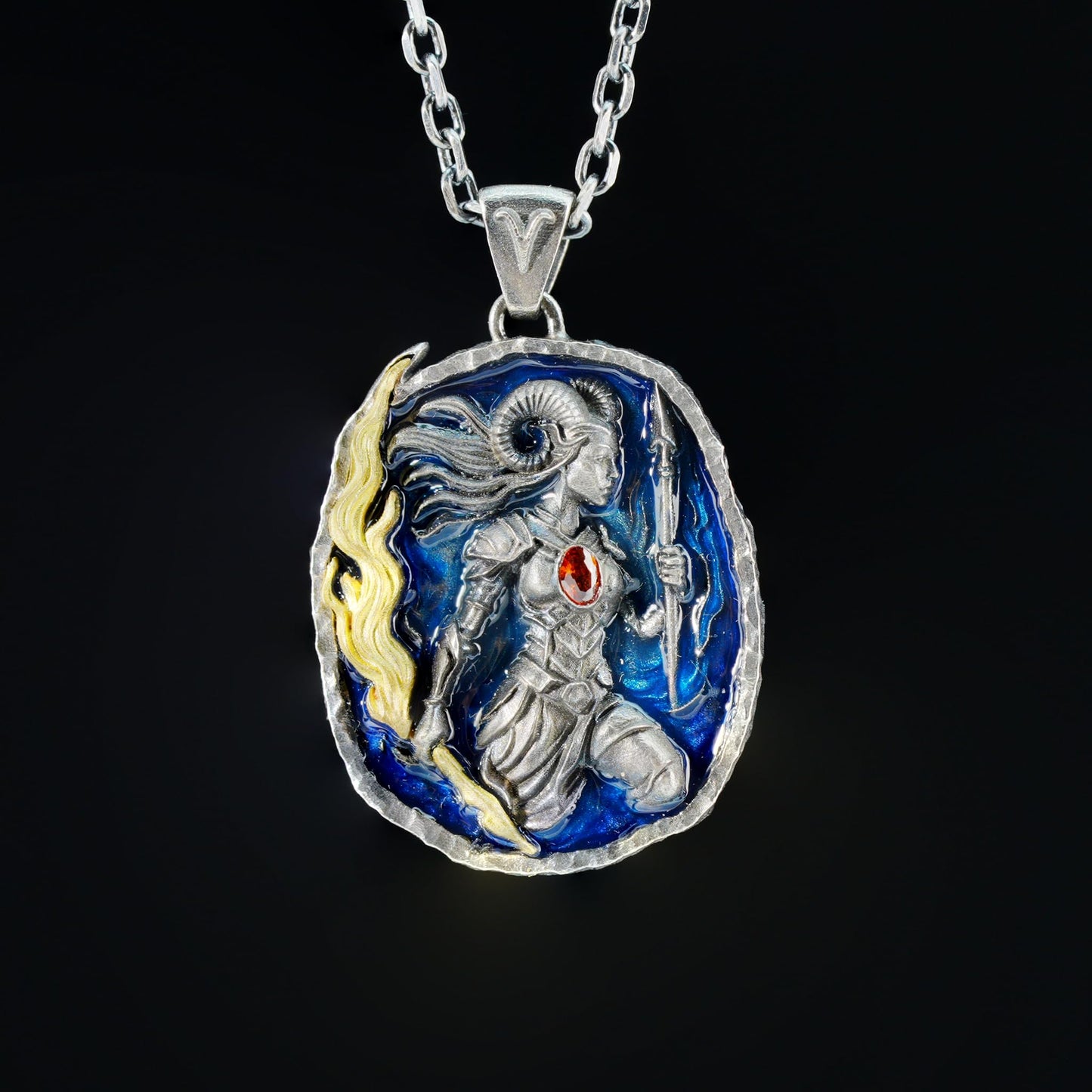 Aries Pendant in 925 Silver | Blue Enamel Medallion with Orange Zirconia | Handmade Zodiac Jewelry