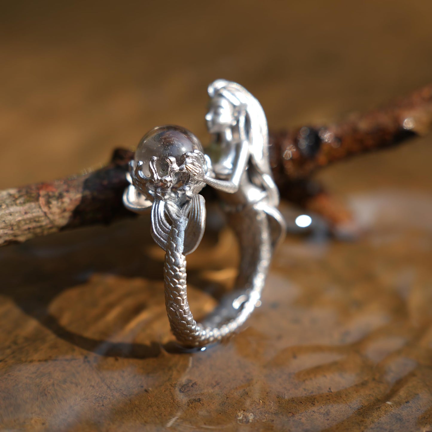 925 Silver Mermaid Ring with Phantom Quartz | Handmade Ocean Fantasy Jewelry | Symbolic Underwater Gift for Her