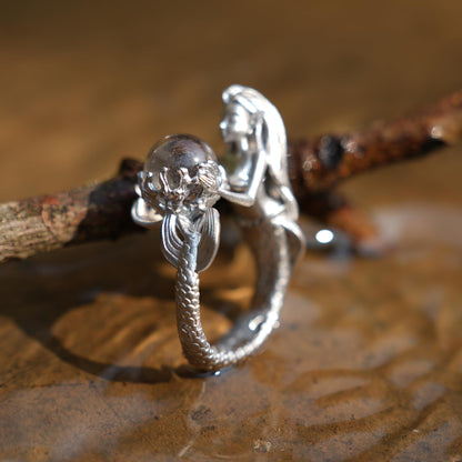 925 Silver Mermaid Ring with Phantom Quartz | Handmade Ocean Fantasy Jewelry | Symbolic Underwater Gift for Her