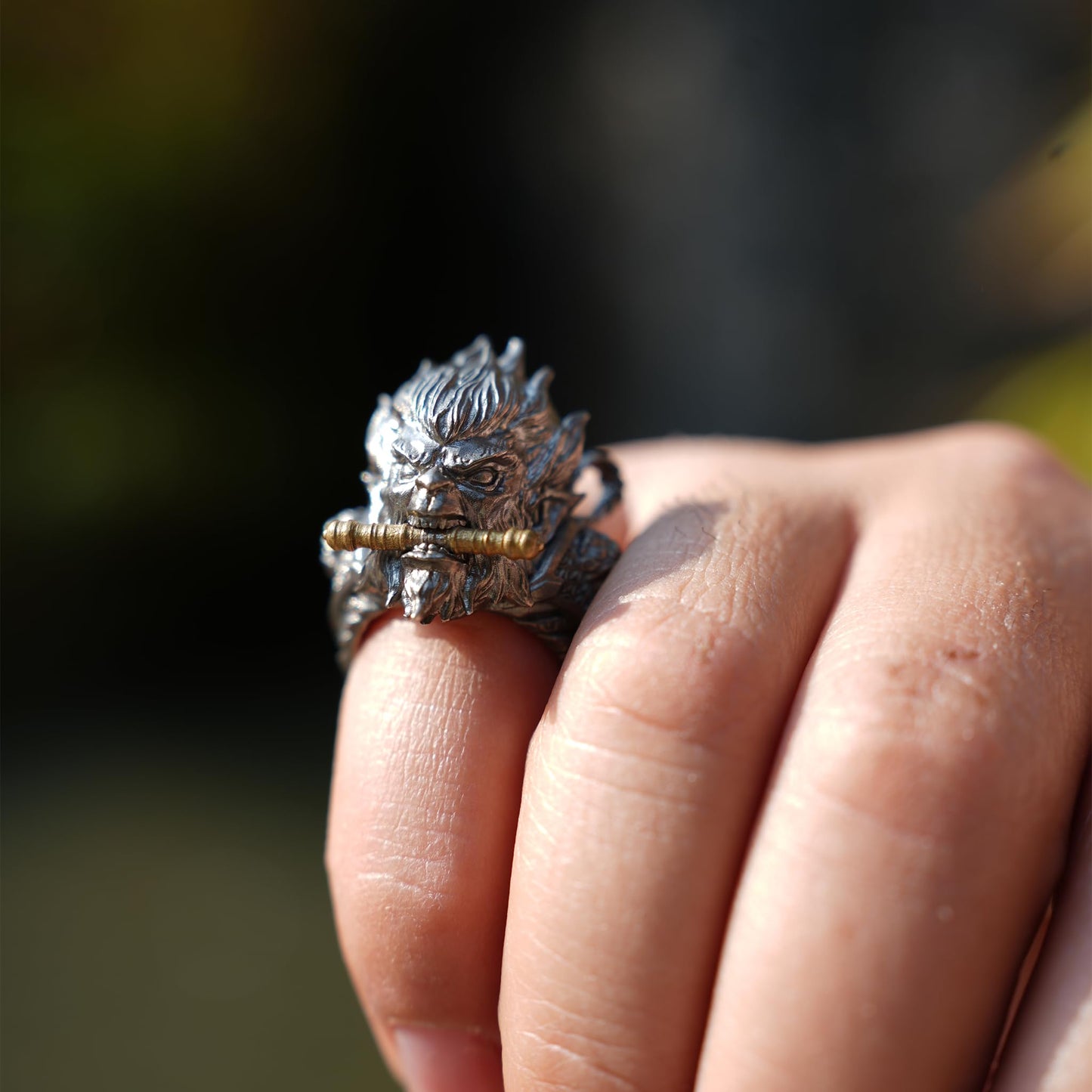 Monkey King Ring in 925 Sterling Silver | Handmade Mythic Jewelry with Gold Accents | Fantasy Artisan Gift for Him