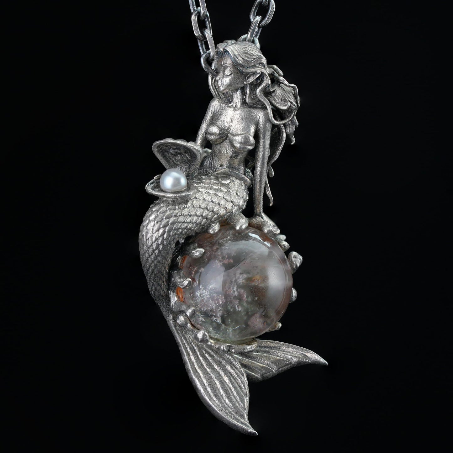 925 Silver Mermaid Pendant with Phantom Quartz & Pearl | Handmade Ocean Fantasy Amulet Necklace | Mythical Sea Spirit Jewelry Gift