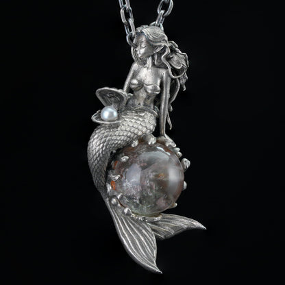 925 Silver Mermaid Pendant with Phantom Quartz & Pearl | Handmade Ocean Fantasy Amulet Necklace | Mythical Sea Spirit Jewelry Gift