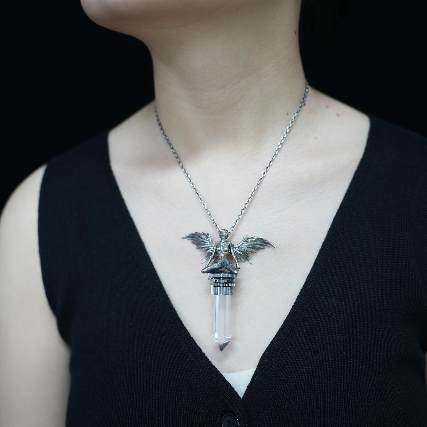 925 Silver Cyberpunk Angel Pendant | Project 0-9 Light Core Necklace with Crystal Pillar & Mechanical Wings | Sci-Fi Symbol of Faith & Rebirth