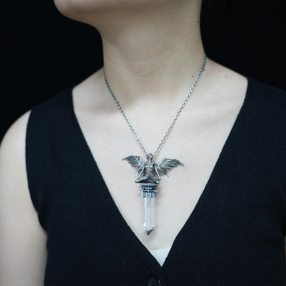 925 Silver Cyberpunk Angel Pendant | Project 0-9 Light Core Necklace with Crystal Pillar & Mechanical Wings | Sci-Fi Symbol of Faith & Rebirth