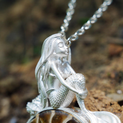 925 Sterling Silver Mermaid Pendant with Fossil Seashell | Handmade Ocean Amulet Necklace | Mythical Siren Jewelry Gift