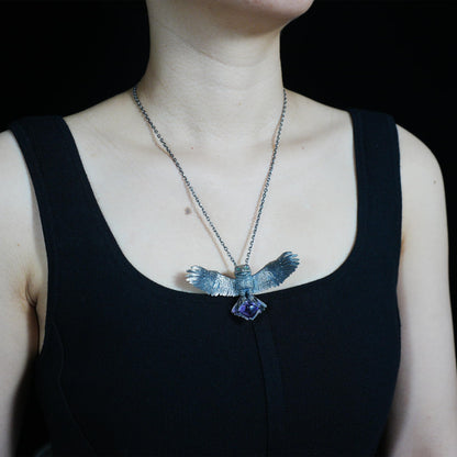 925 Sterling Silver Owl Necklace with Amethyst | Handcrafted Animal Totem Jewelry | Fantasy Guardian Pendant for Wisdom & Focus