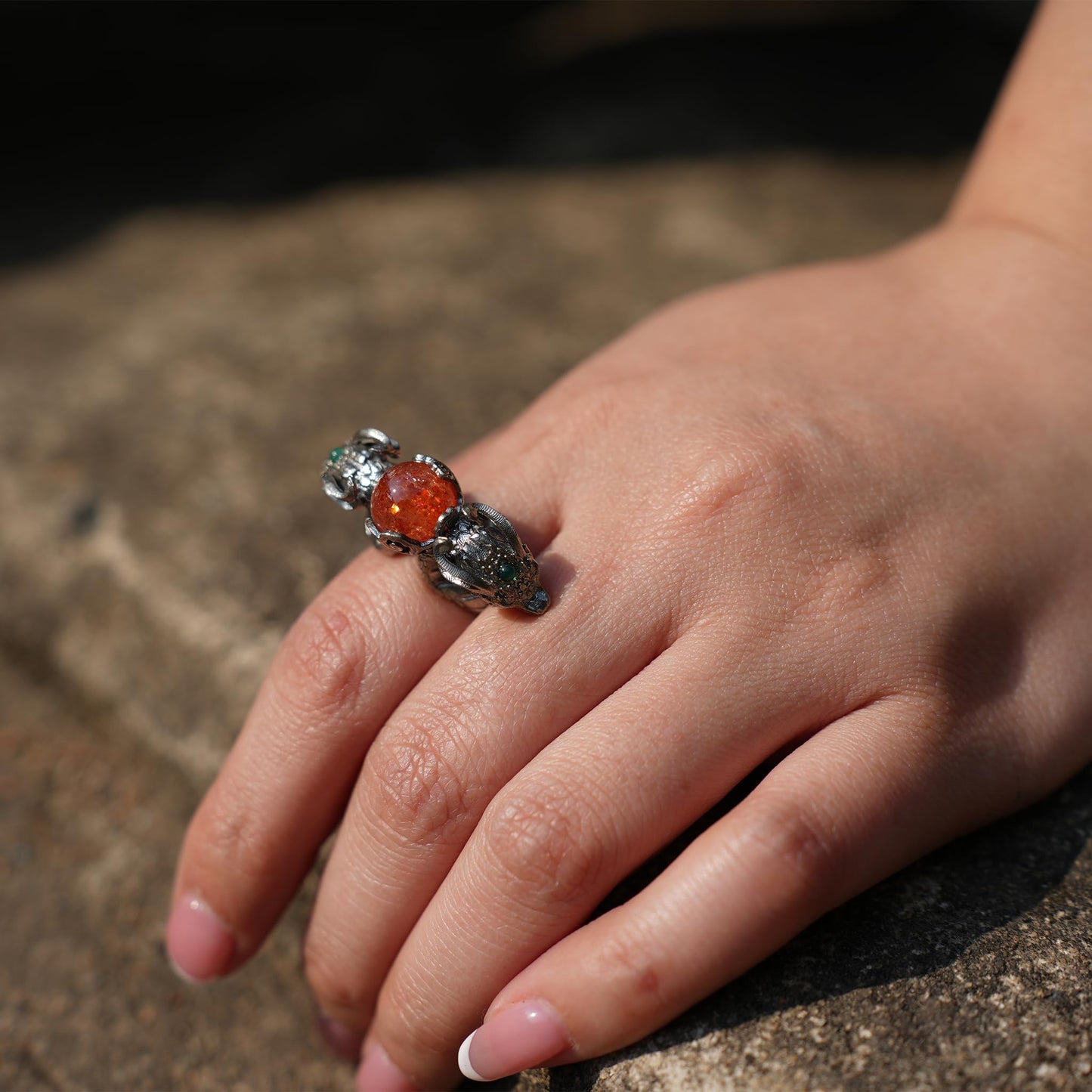 Dragon Ring with Sunstone & Emerald | Handmade 925 Silver Jewelry | Unique Fantasy Ring for Protection & Strength