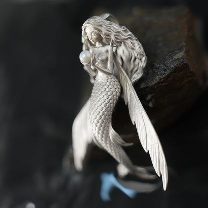 925 Sterling Silver Flying Fish Mermaid Pendant Necklace with Freshwater Pearl | Handcrafted Ocean Fantasy Jewelry | Mythical Sea Spirit Gift for Her
