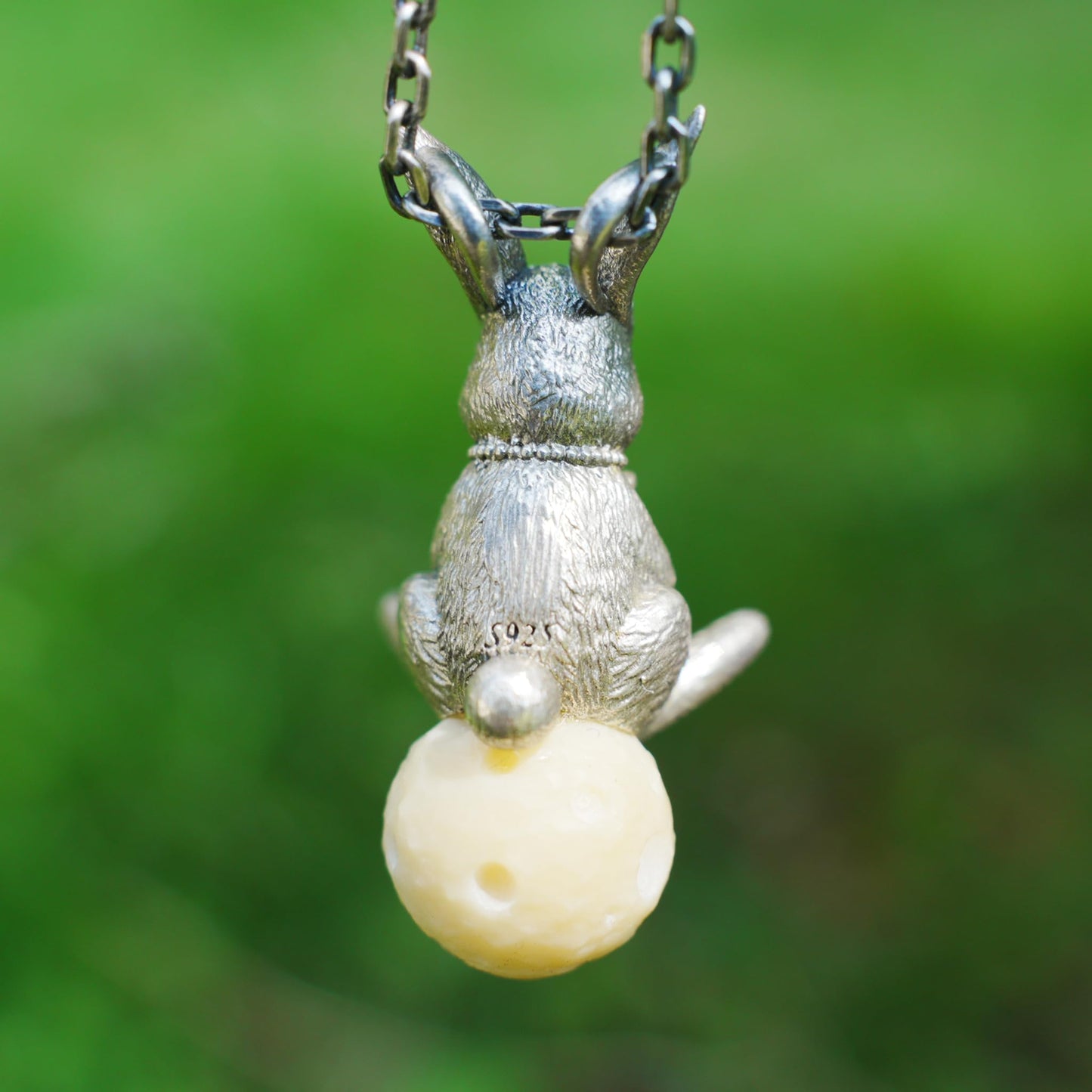 925 Sterling Silver Moon Rabbit Pendant with Red Agate & Phantom Quartz | Handmade Fantasy Necklace | Symbolic Spring Totem Jewelry Gift