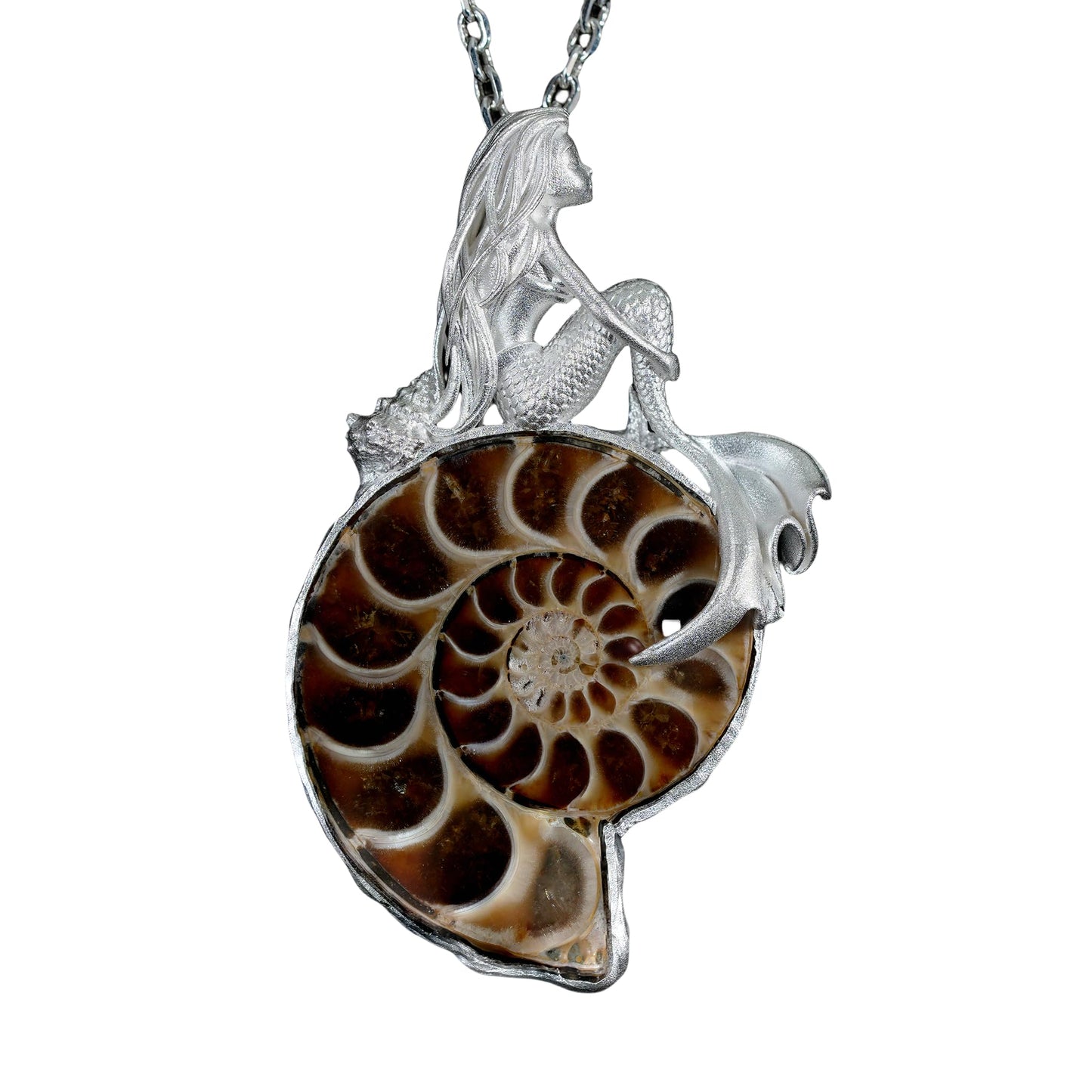 925 Sterling Silver Mermaid Pendant with Fossil Seashell | Handmade Ocean Amulet Necklace | Mythical Siren Jewelry Gift