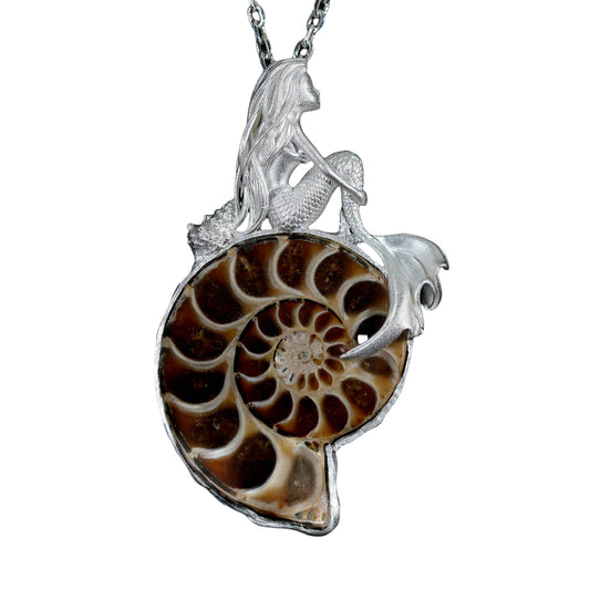 925 Sterling Silver Mermaid Pendant with Fossil Seashell | Handmade Ocean Amulet Necklace | Mythical Siren Jewelry Gift