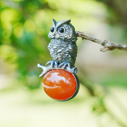 Owl Carnelian Pendant | Handmade 925 Sterling Silver Necklace with Onyx Eyes | Nature-Inspired Jewelry Symbolizing Wisdom & Courage | Artisan Gift
